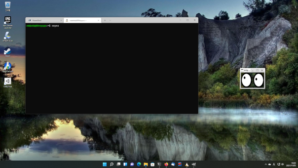 xeyes が Windows 11 上でウィンドウ表示されている画像